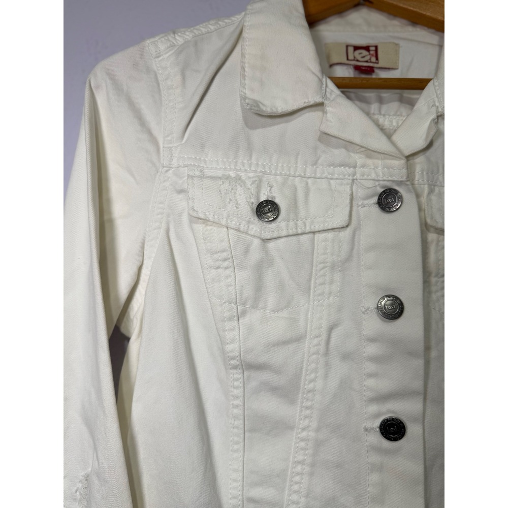 LEI Denim Jacket Womens White Distressed Cropped Y2K Style M Minimalist Casual - Picture 3 of 11